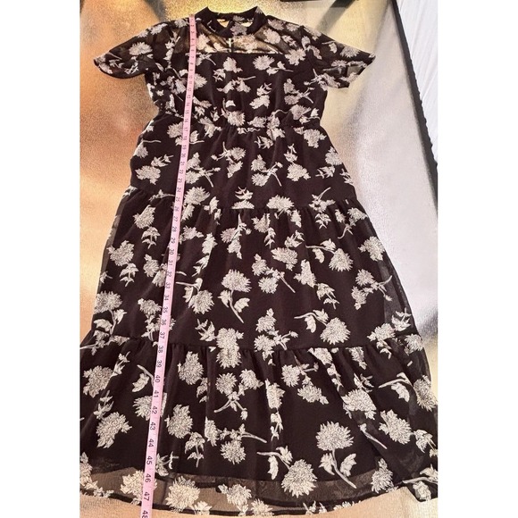 Lulus Dress Womens Medium Dark Cottage Floral Sheer Wedding Guest Romantic Midi - Picture 5 of 9